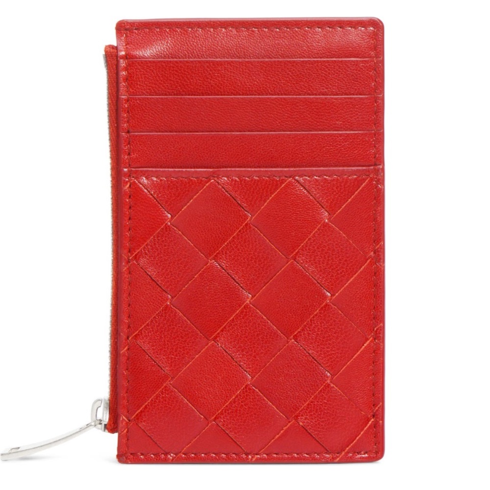 Bottega Veneta red intrecciato leather card case with zipper, dustbag and box
